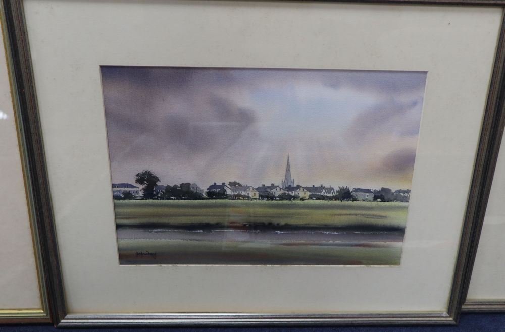 English School, pair of watercolours, Church in sunlight and Oasthouses, indistinctly signed, 25 x 35cm and a watercolour by another ha